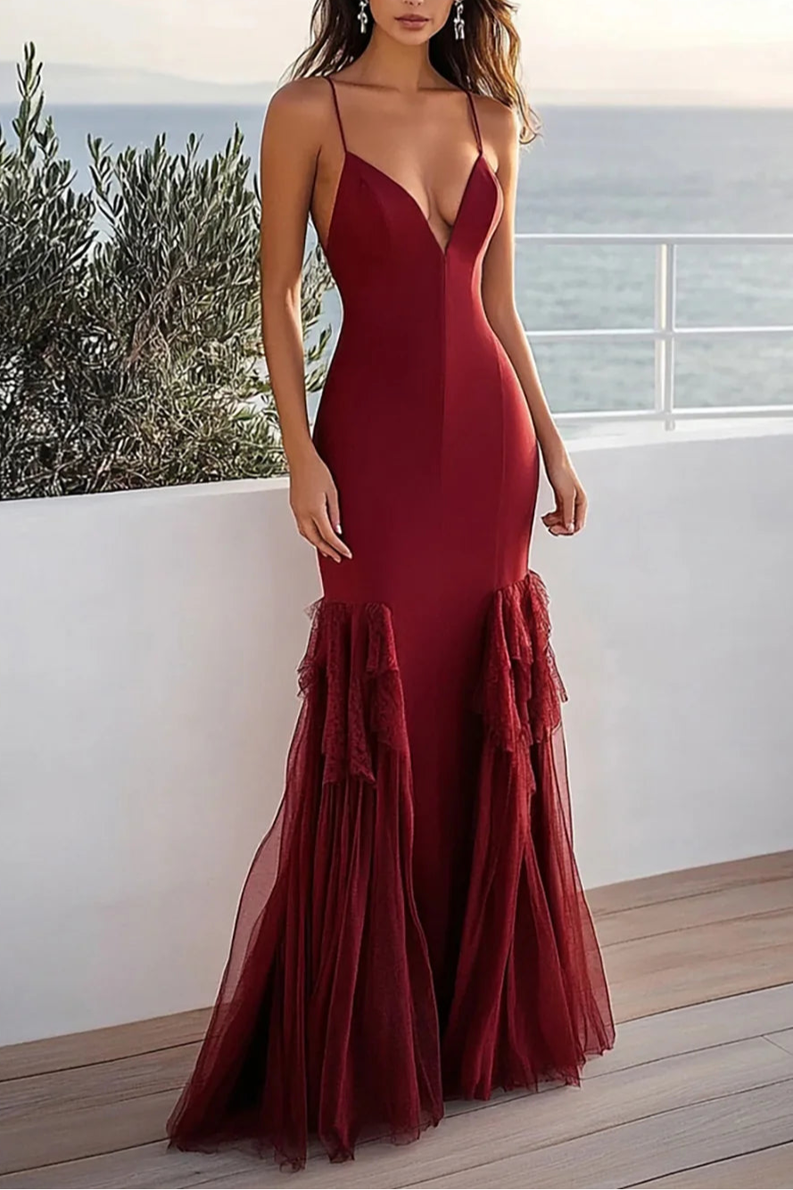 Burgundy Simple and elegant Spaghetti Straps Mermaid Long Evening Dress