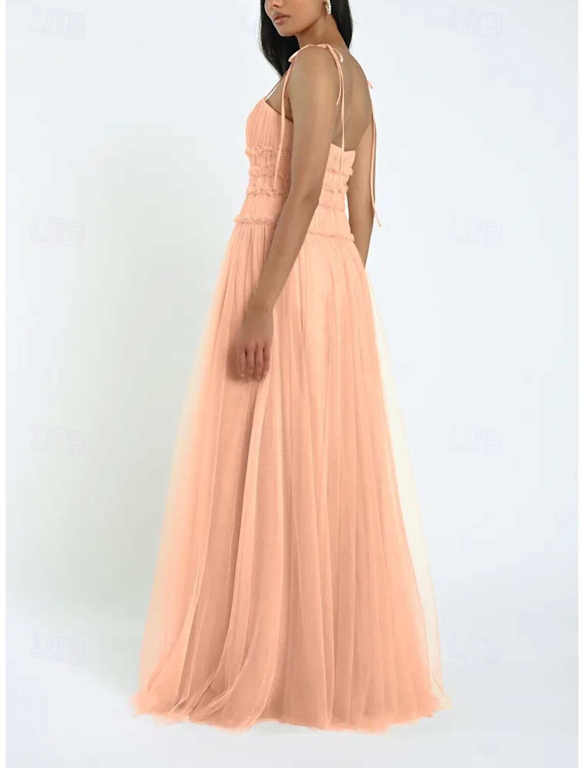 New Arrival Strapless Peach pink A-line Bridesmaid Dress Tulle Floor length Party Dress