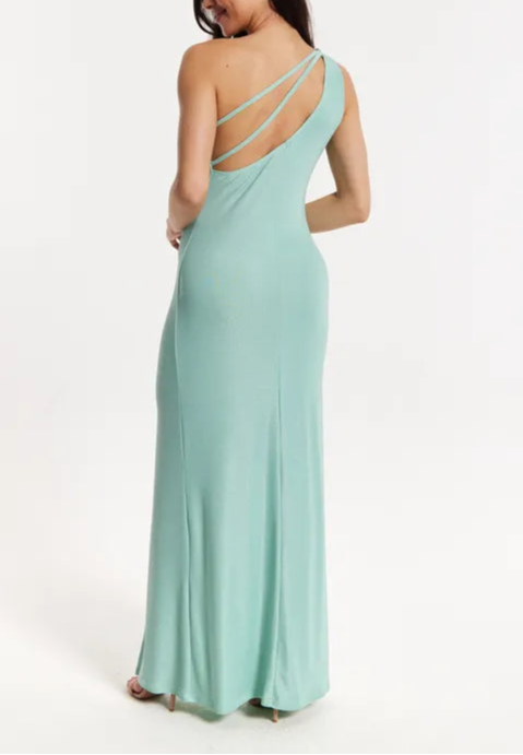Green Lurex One Shoulder Retract Your Waist Bridesmaids Maxi Dress