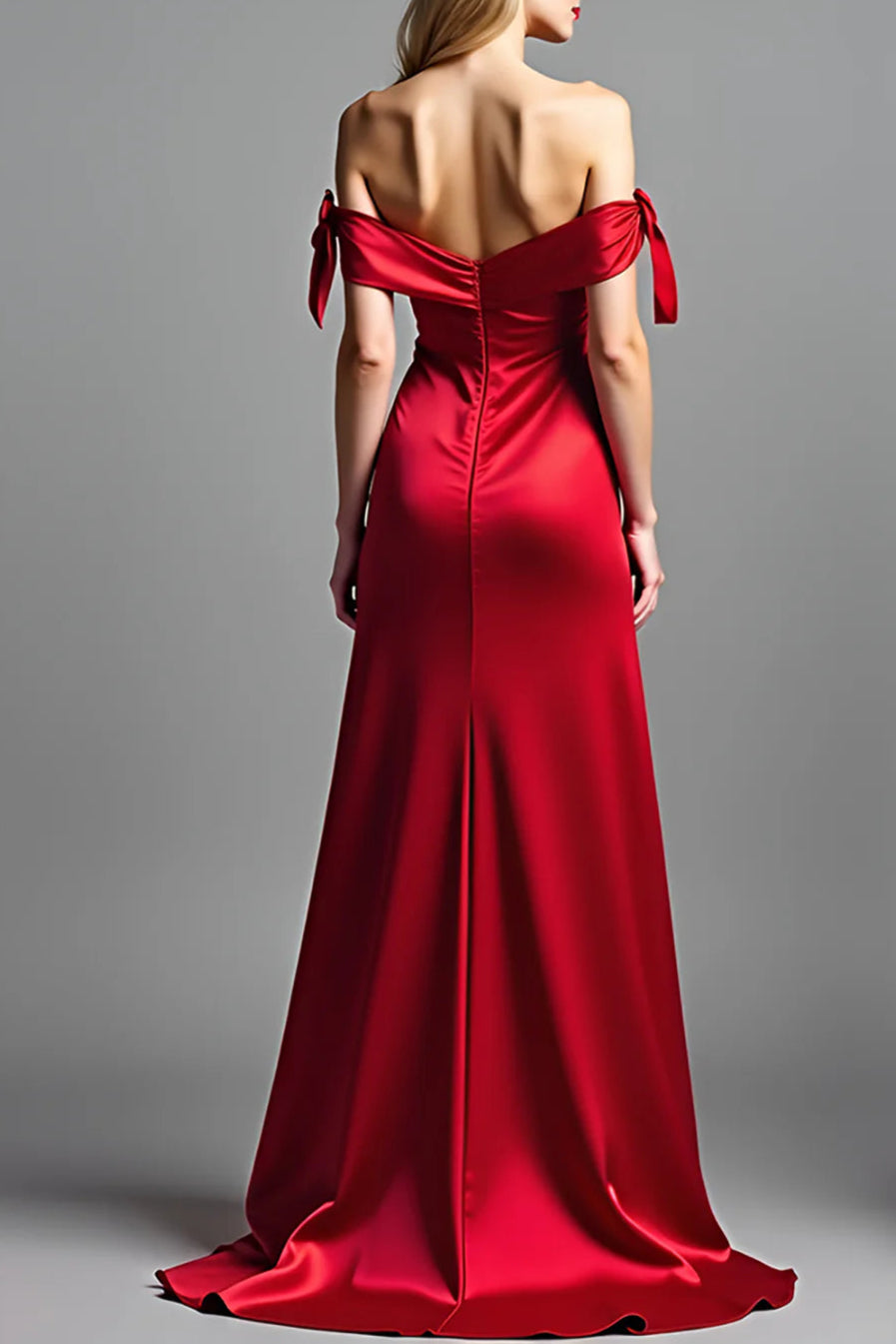 Simple and elegant Red Off The Shoulder Satin Long Prom Dress With Slit