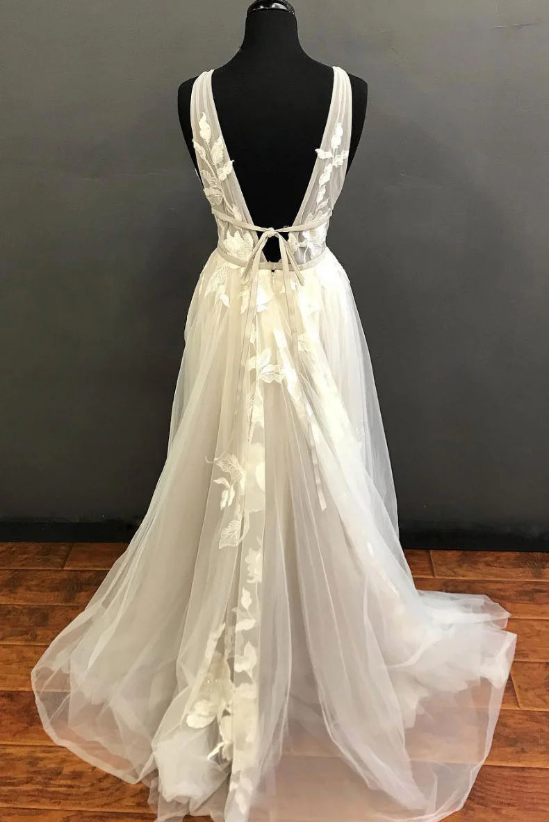 Light champagne tulle lace long prom dress, full of charm evening dress