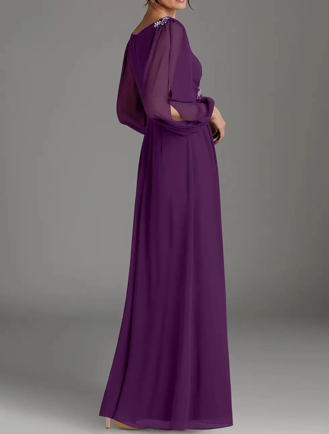 A-Line Mother of the Bride Dress Wedding Guest Elegant V Neck Floor Length Chiffon Long Sleeve with Beading Appliques Ruching