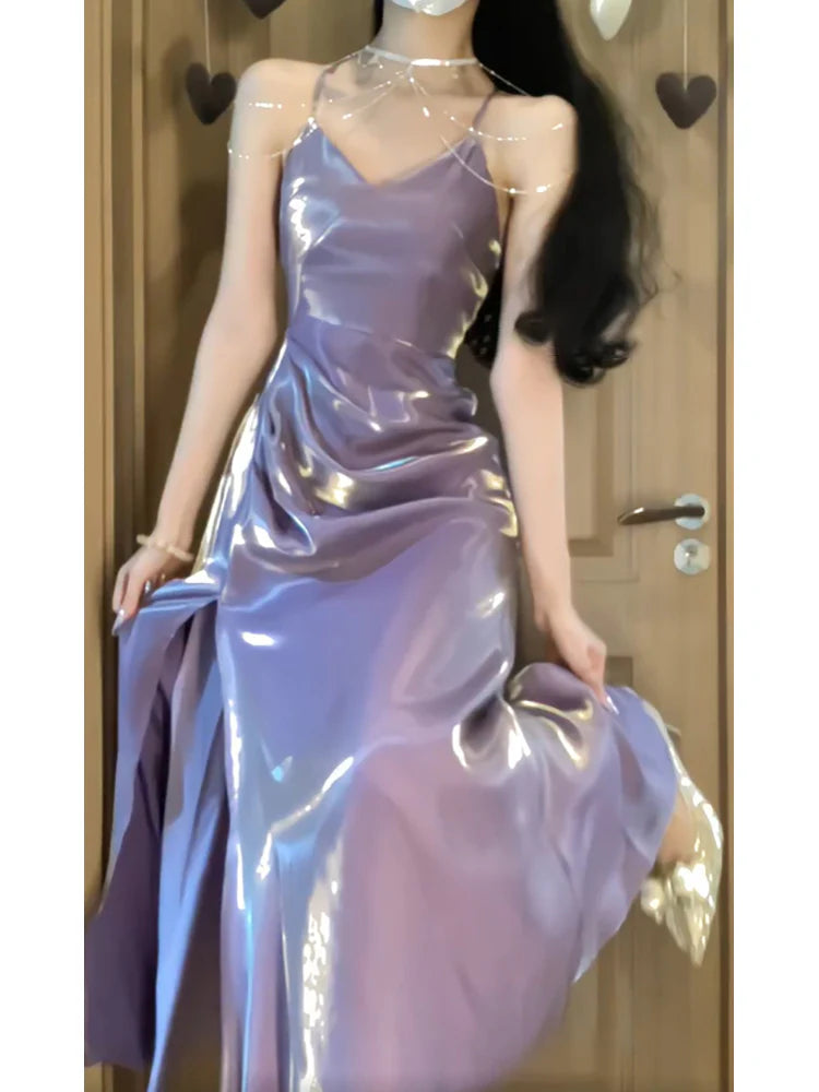 Sexy A line Women's Beach Dress Slit Vacation Dresses Spaghetti Straps Grape Prom Dress