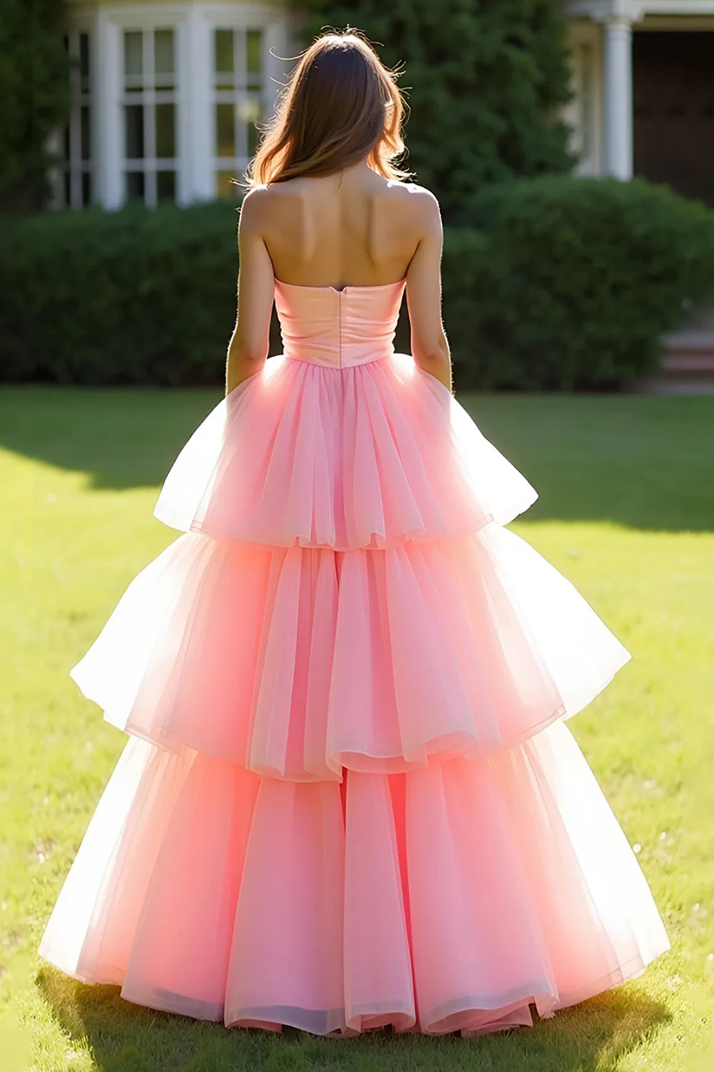 Ball Gown Pink Tiered Strapless Long Retract Your Waist Prom Dress With Ruffles