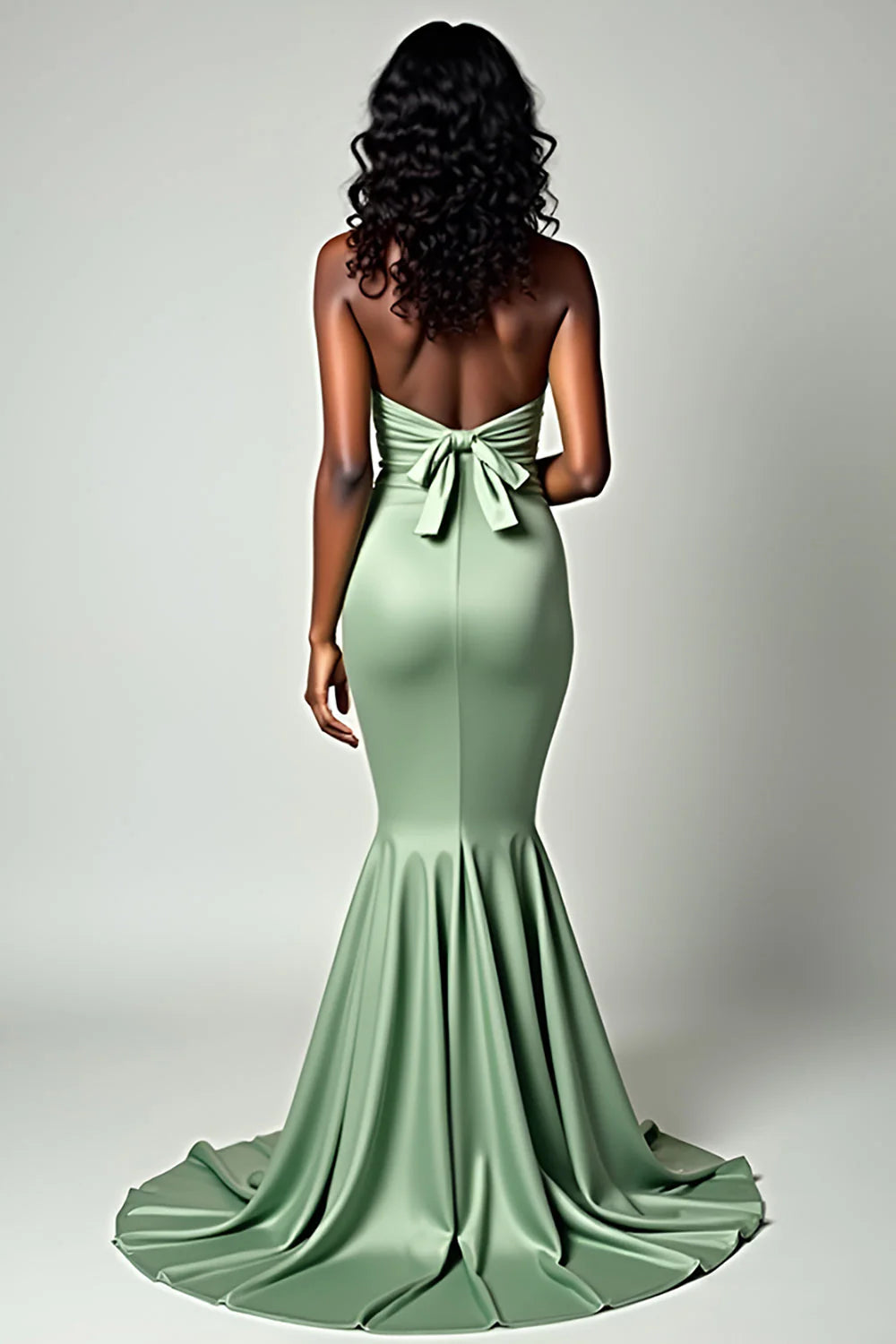 Sage Strapless Mermaid Dusty Satin Long Prom Dress With Bowknot