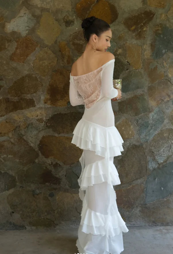 Elegant Sheath Ruffles White Lace Chiffon Prom Dress Long Sleeve Evening Dress