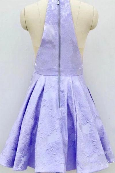 Lilac Homecoming Dresses with Pocket Halter Short Jacquard Floral Graduation Dress