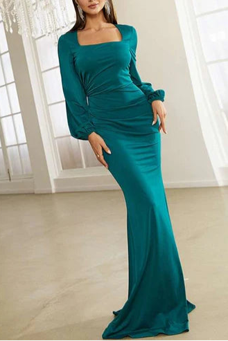 Green Square Neck Long Retract Your Waist Sleeve Mermaid Formal Gown