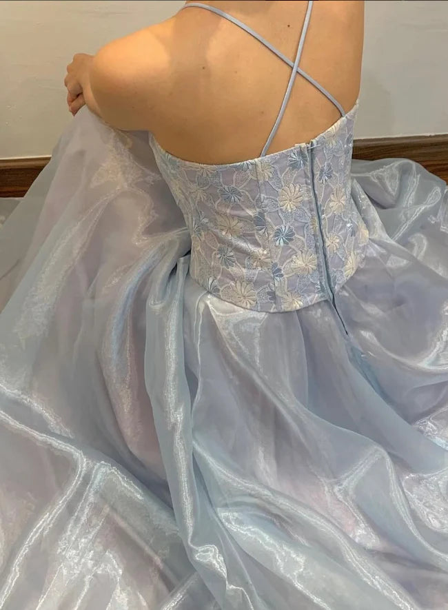 Blue A Line Spaghetti Strap Embroidered Tulle Satin Prom Dress Unique design Evening Dress