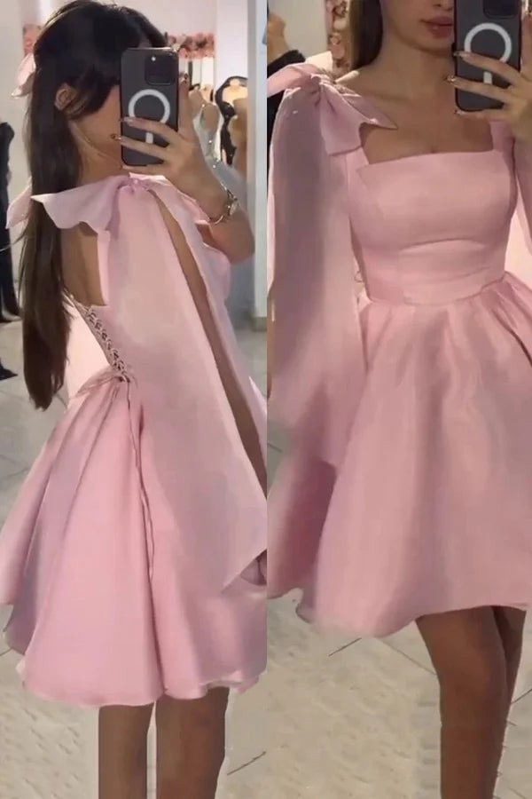 Short Homecoming Gown Pink Homecoming Dress With Bow Shoulder Ties