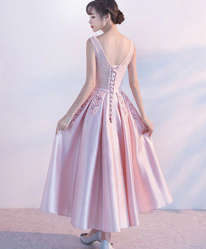 Pink Satin Lace Tea Length Prom Dress, Full of charm Evening Dress
