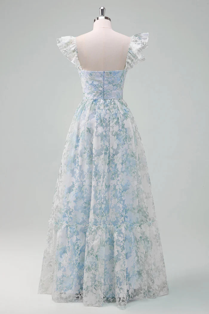 A-Line Cap Sleeves Light Blue Flower Printed Long Prom Dress