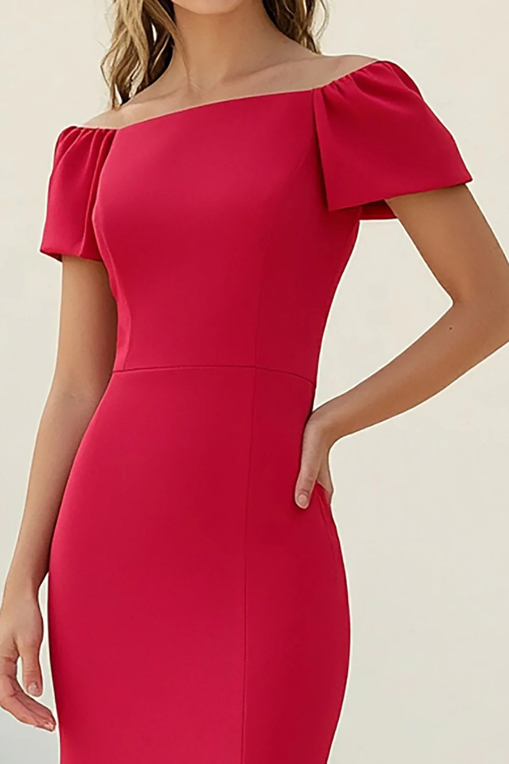 Simple and elegant Red Sheath Long Satin Evening Dress With Short Sleeves