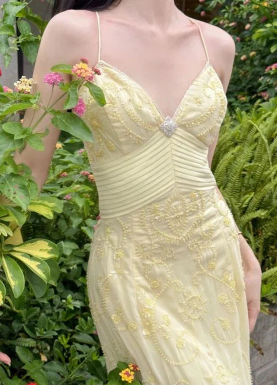 Mermaid Spaghetti Straps Yellow Chiffon Long Prom Dresses Evening Dress With Beads