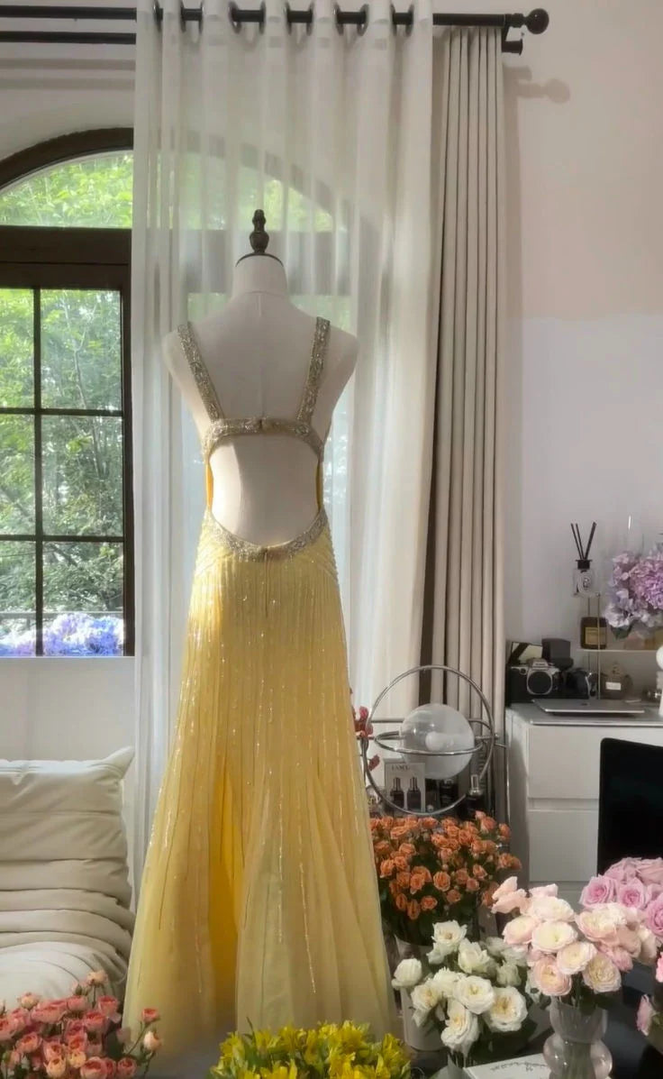Yellow A Line Strap Beaded Sequin Chiffon Open Back Prom Dress