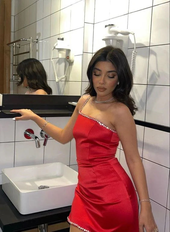 Red Sexy Slim-fit Party Dress Full of charm One-Shoulder Homecoming Dress