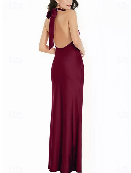 Mermaid / Trumpet Bridesmaid Dress Halter Neck Short Sleeve Elegant Floor Length Satin with Bow