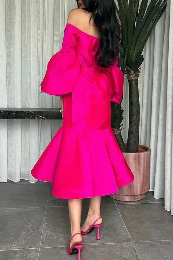 Hot Pink Halter Prom Belt Puff Sleeve Midi Party Dress Elegant Dubai Evening Dresses