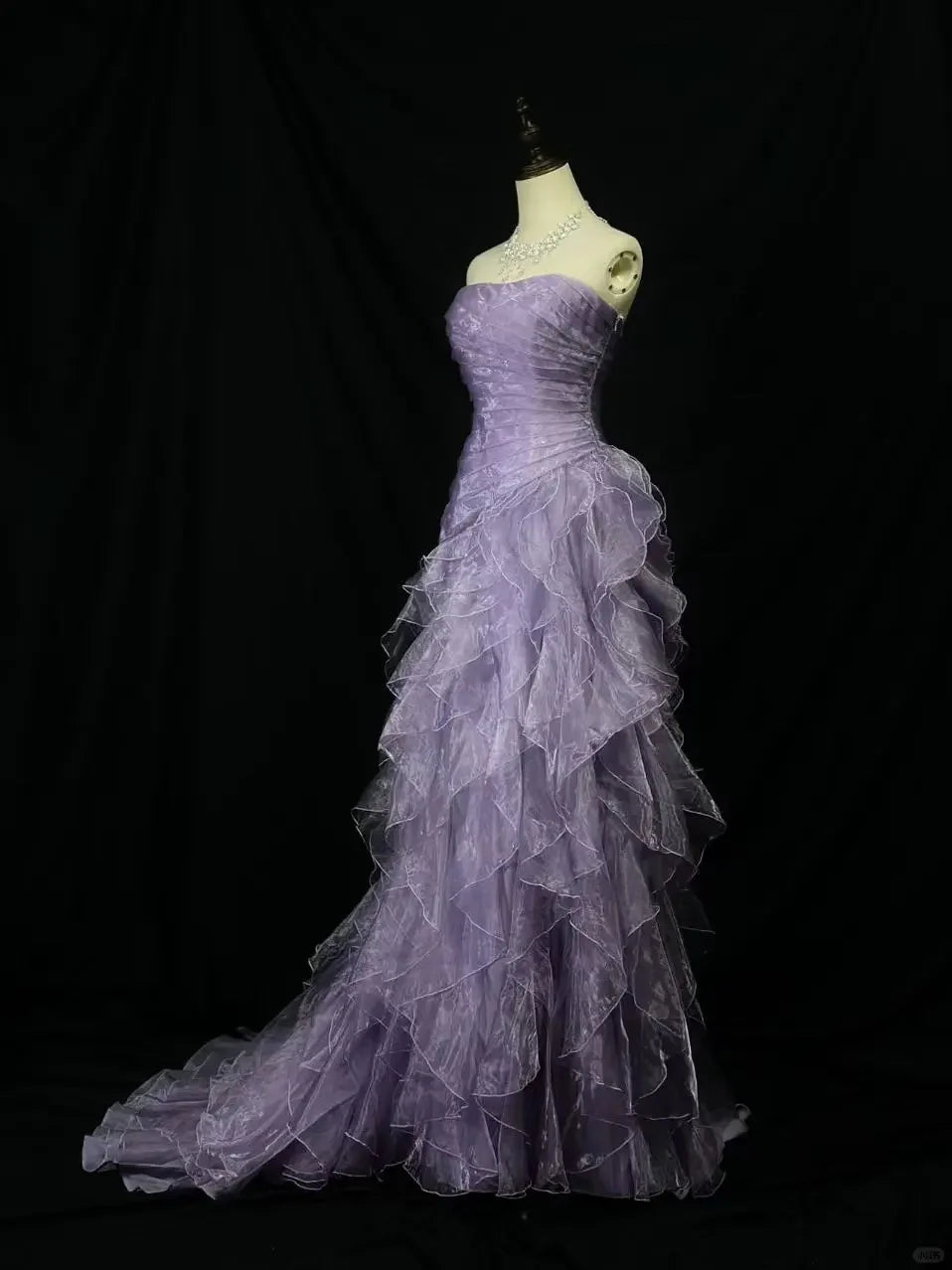 Mermaid Strapless Tulle Layered Long Prom Dress Formal Elegant Purple Evening Dress