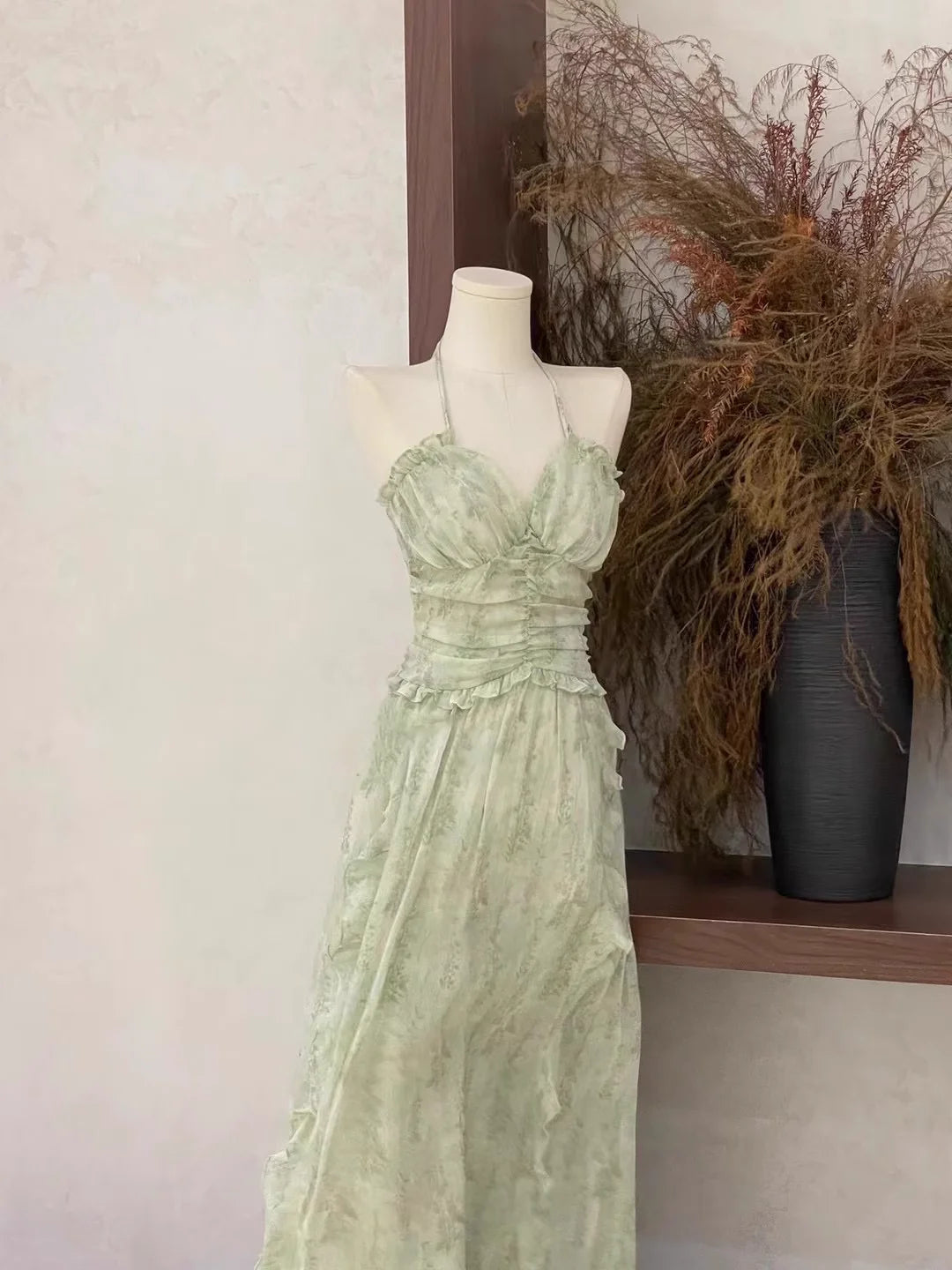 Halter Ruffled Sage Green Long Women's Vacation Cute A line Homecoming Dresses