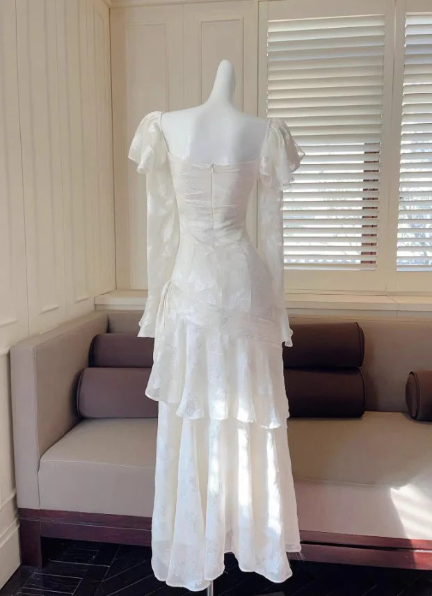 Chiffon Jacquard Elegant Light Apricot Long Sleeves Ruffled Evening Dress