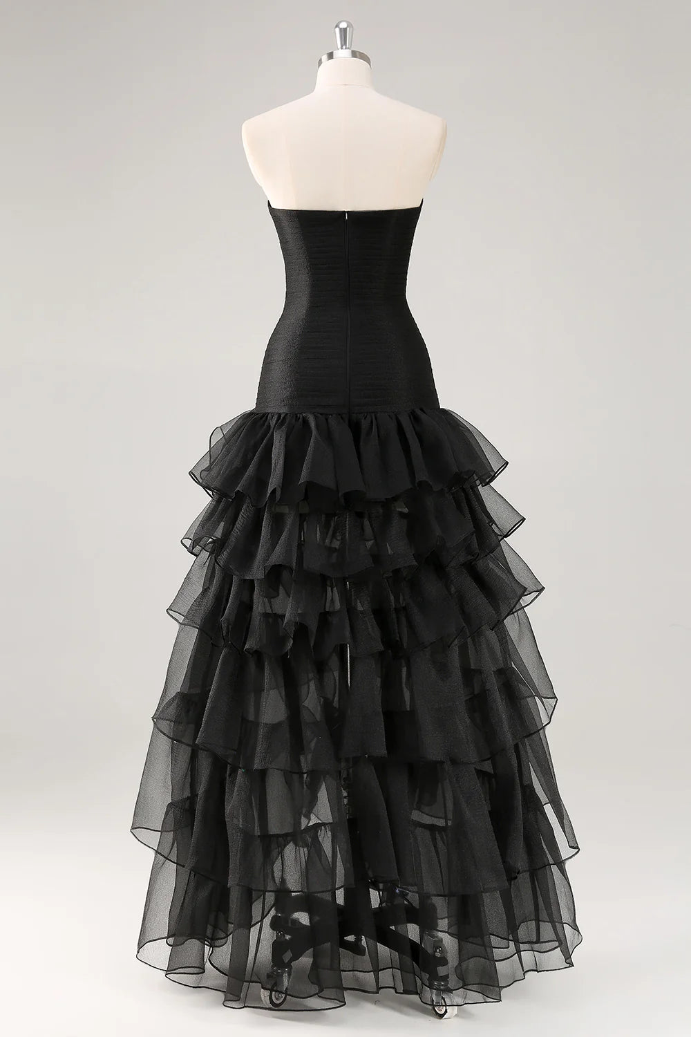 Black Strapless Tulle Tiered Ruffles Retract Your Waist Formal Dress