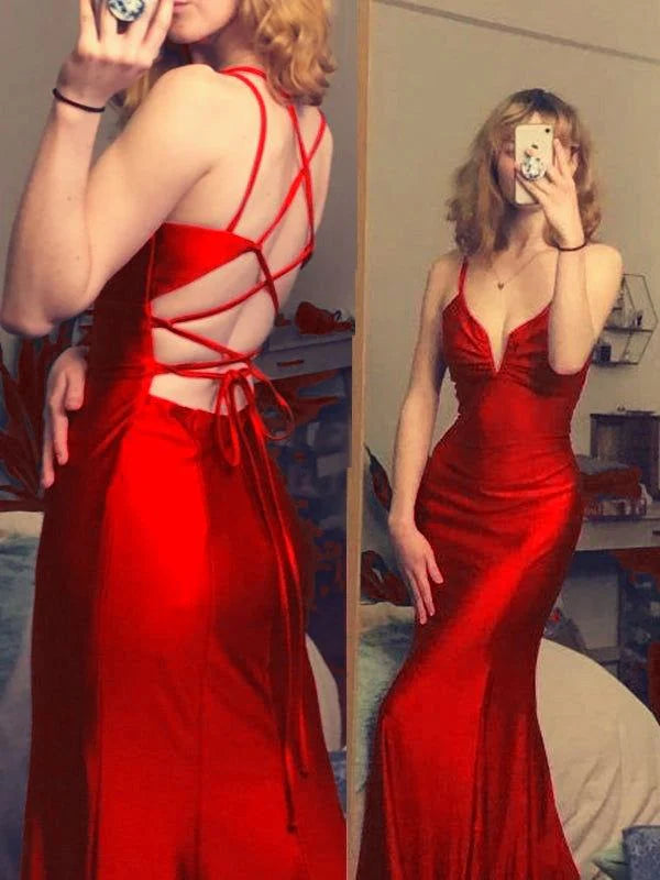 mermaid long V-neck backless slim shoulder strap slim evening gown
