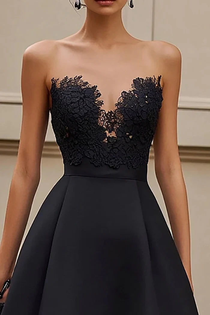 Black Strapless Appliqued Long Retract Your Waist Formal Party Dress with Ruffles