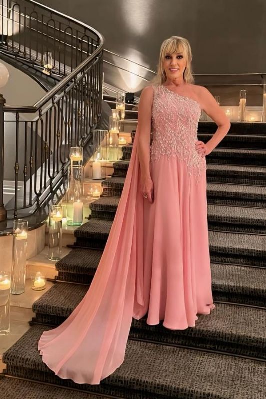 One Shoulder Wedding Guest Dress Pearls Pink Chiffon Long Evening Dresses