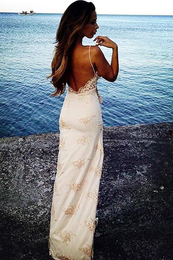 Sexy Spaghetti Straps Floor Length Backless Side Slit Appliques Prom Dress