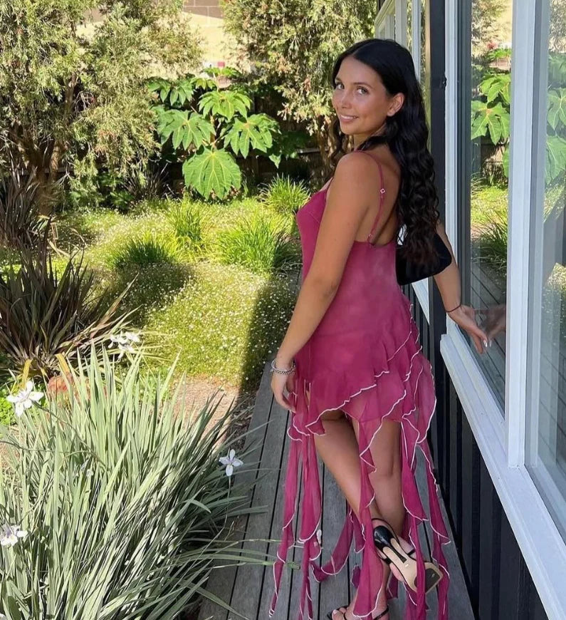 Spaghetti Strap Ruffle Chiffon Short Homecoming Dress Cute Sheath Birthday Dress