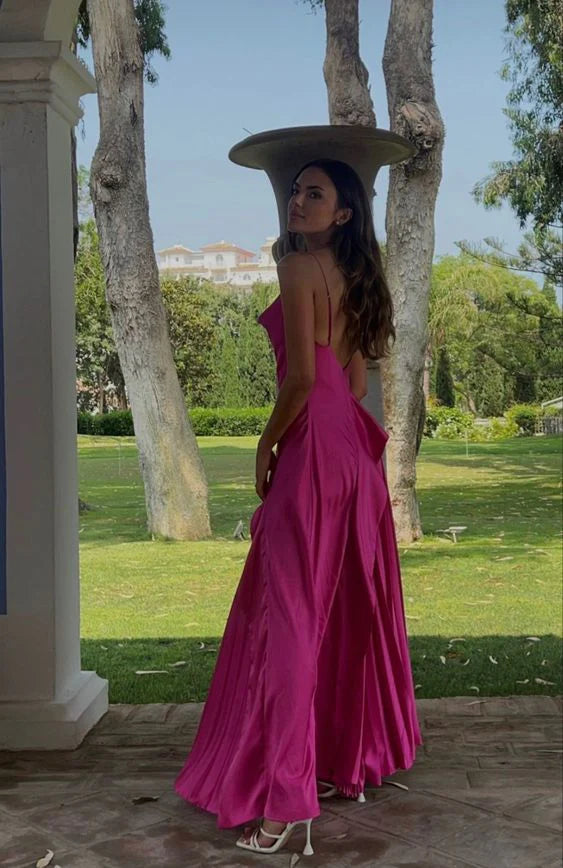 Spaghetti Straps Satin A Line Party Dress Hot Pink Prom Dress