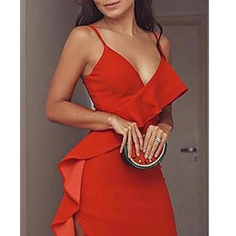 Halter Ruffles Hem High Slit Party Dress Women Spaghetti Strap V Neck Sexy Long Prom Dress