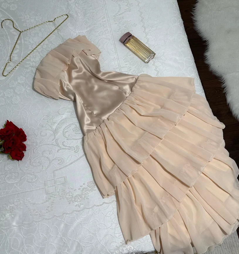 Strapless Tiered Beige Chiffon Satin Short Evening Dress Cute A Line Homecoming Dress