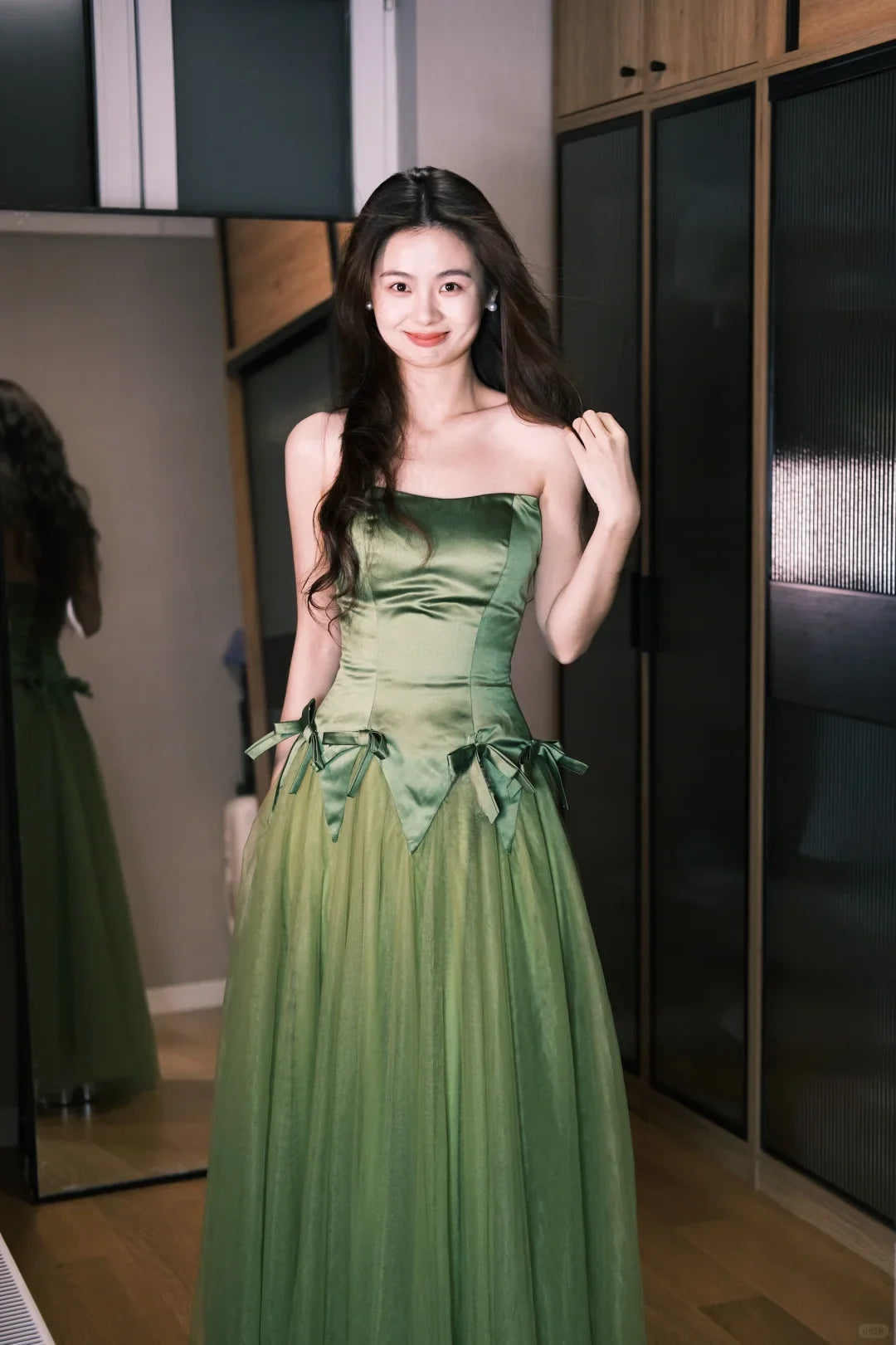 Cute A Line Green Tulle Satin Party Dress Sweetheart Neck Birthday Dress with Bow