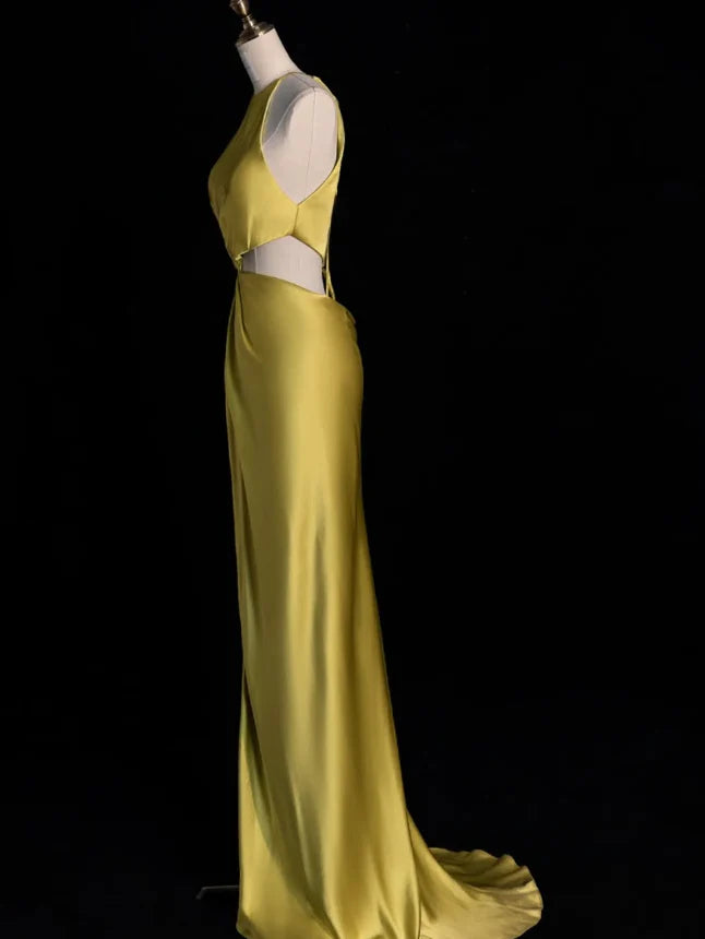 Yellow Sheath Halter Satin Open Back Prom Dress Graduation Party Dress with Slit