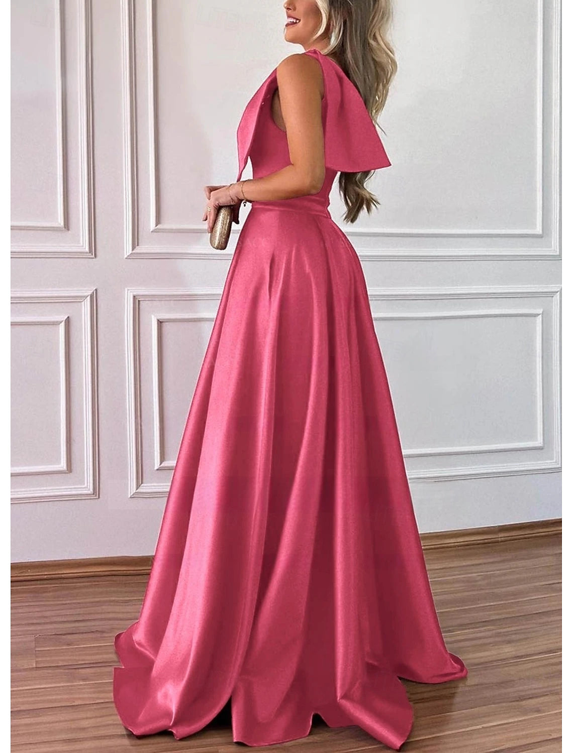 A-Line Bridesmaid Dress V Neck Long Sleeve Elegant Sweep Train Chiffon with Pleats