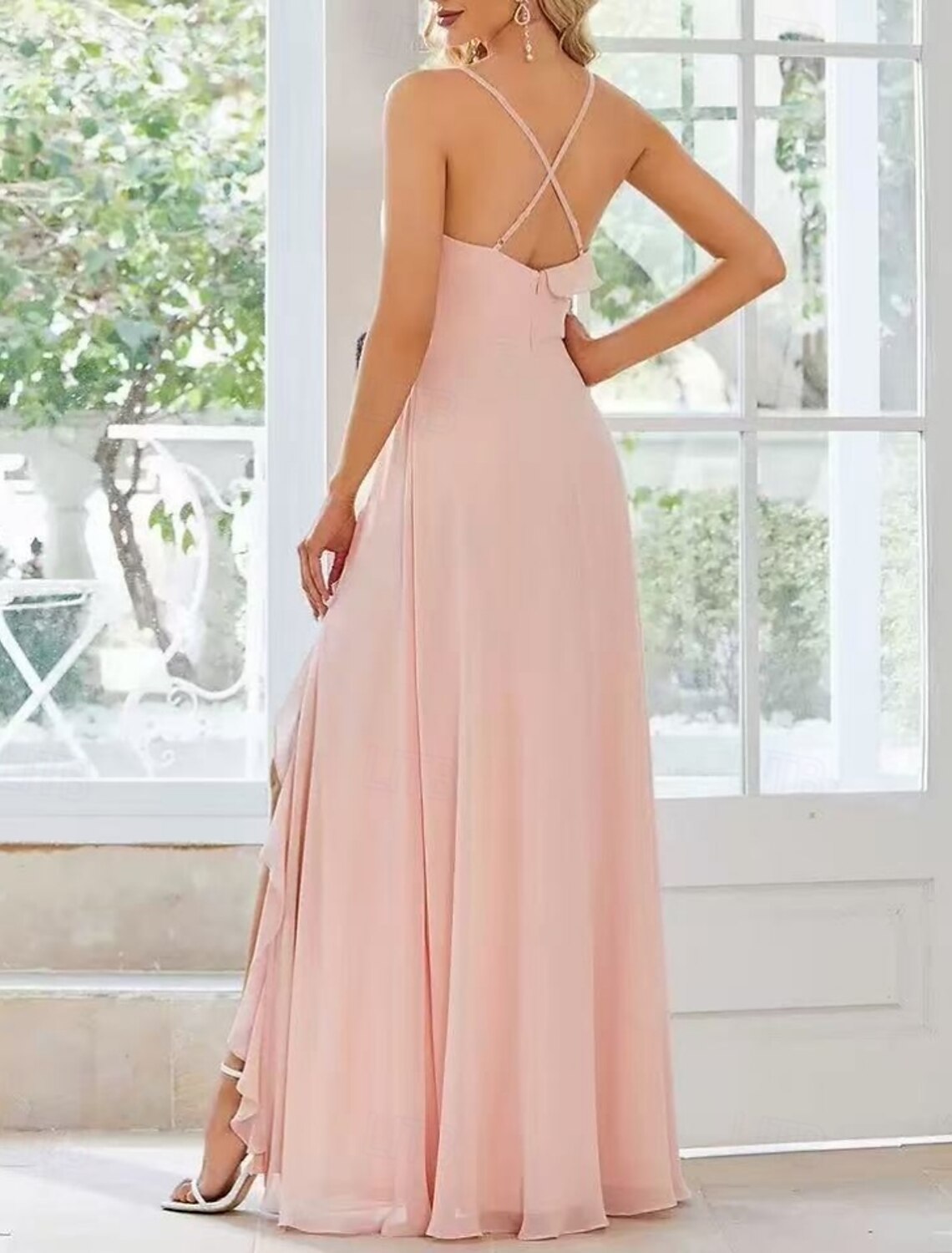 A-Line Bridesmaid Dress Sweetheart Spaghetti Strap Strapless Long Sleeve Elegant Floor Length Chiffon with Criss Cross