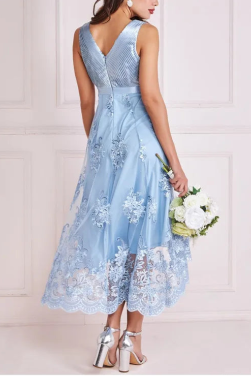 Pleated Satin V Neck High And Low Midi Mother Of The Bride Outfits Dress