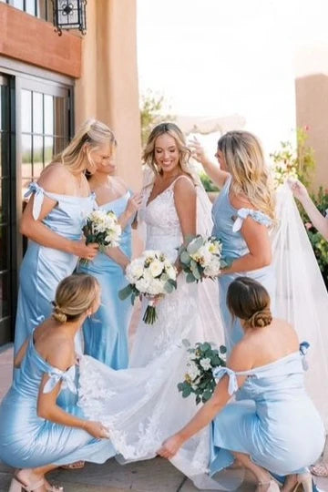 Blue Sheath Unique design Off-Shoulder Satin Bow Pleated Long Bridesmaid Dress