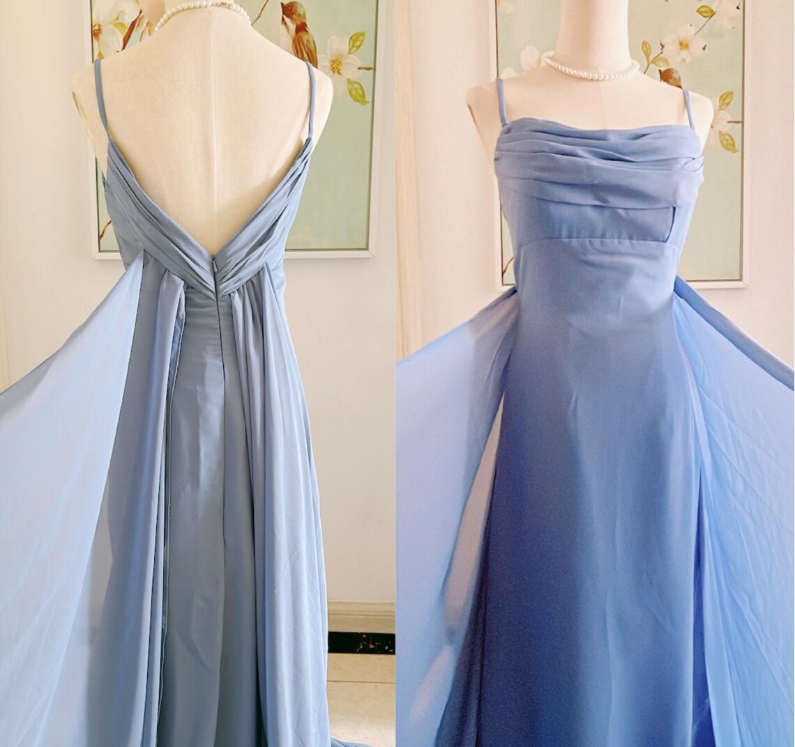 blue chiffon vintage prom dress simple bridesmaid dresses Classic fit party gown