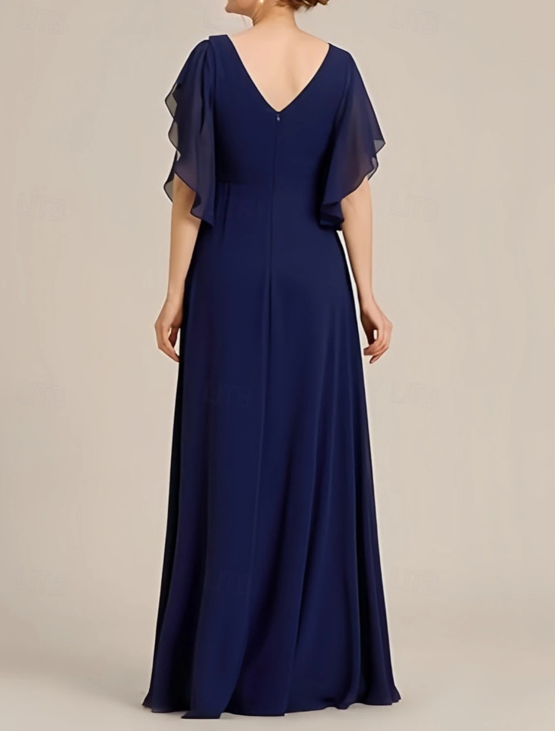 A-Line Mother of the Bride Dress Elegant Vintage V Neck Floor Length Chiffon Short Sleeve with Beading Appliques
