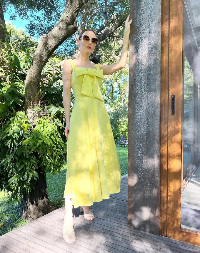 Yellow A Line Straps Satin Prom Dress Sleeveless Evening Dress with Bow