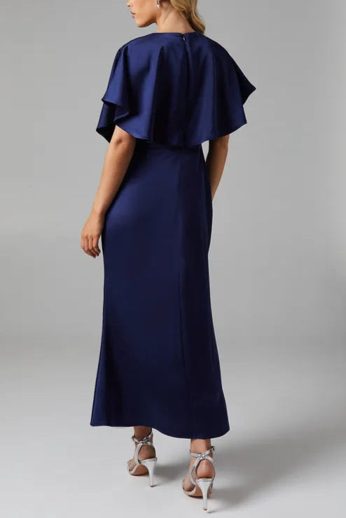 Petite Cape Sleeve Retract Your Waist Satin Bridesmaids Midi Dress
