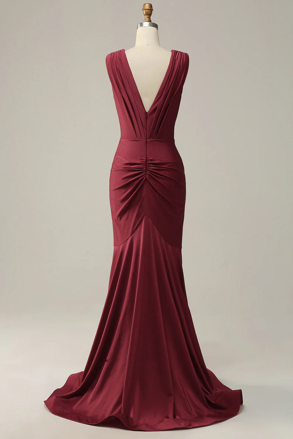 Burgundy Deep V Neck Sleeveless Ruched Retract Your Waist Prom Dress