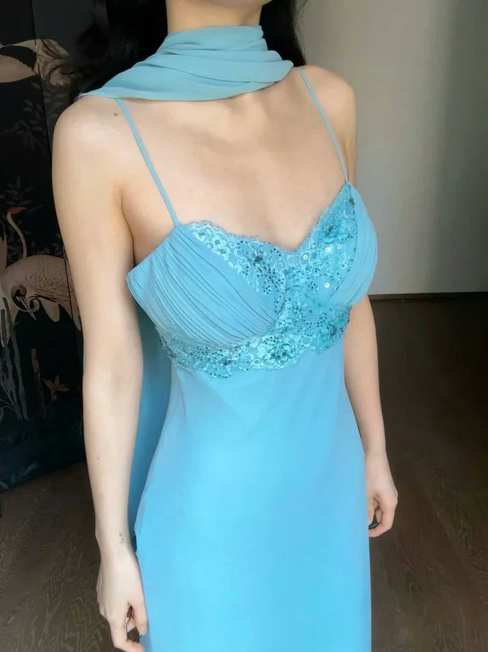 Elegant Sheath Spaghetti Strap Beaded Sequin Blue Chiffon Prom Dress