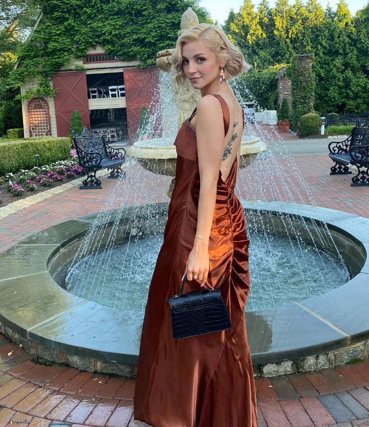 Elegant Mermaid Straps Brown Satin Long Sweep Backless Prom Dress