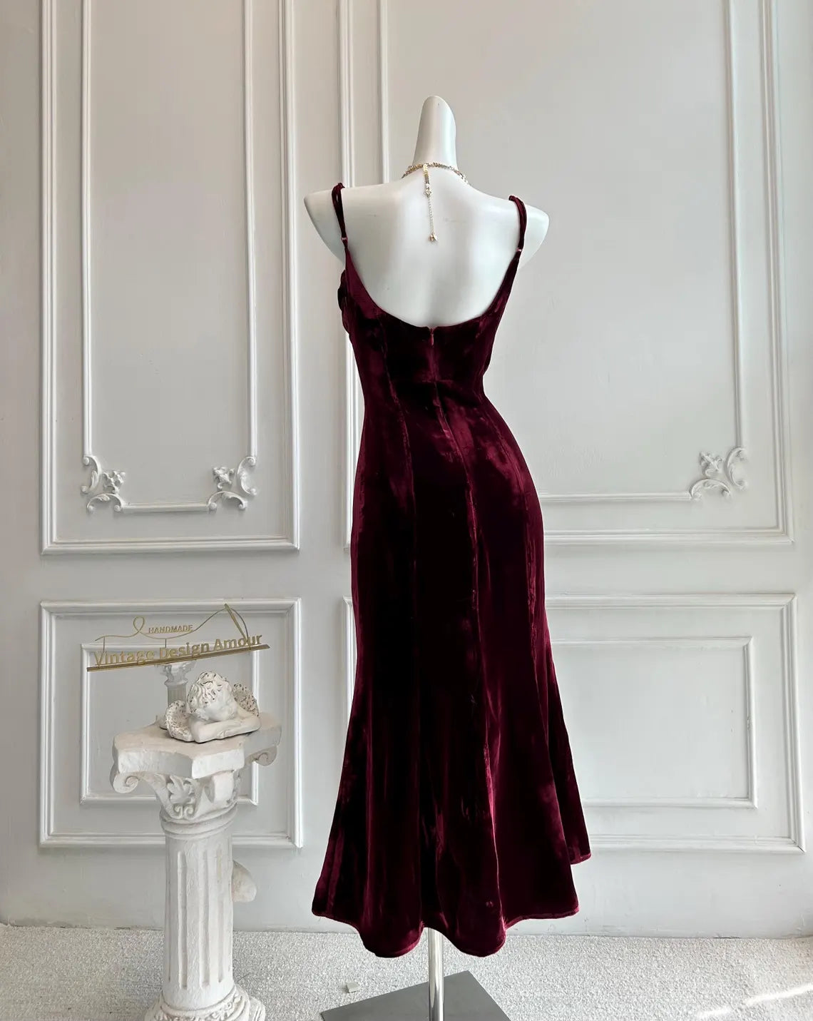 Women's wine red backless silk velvet slip top-quality fabric prom dress