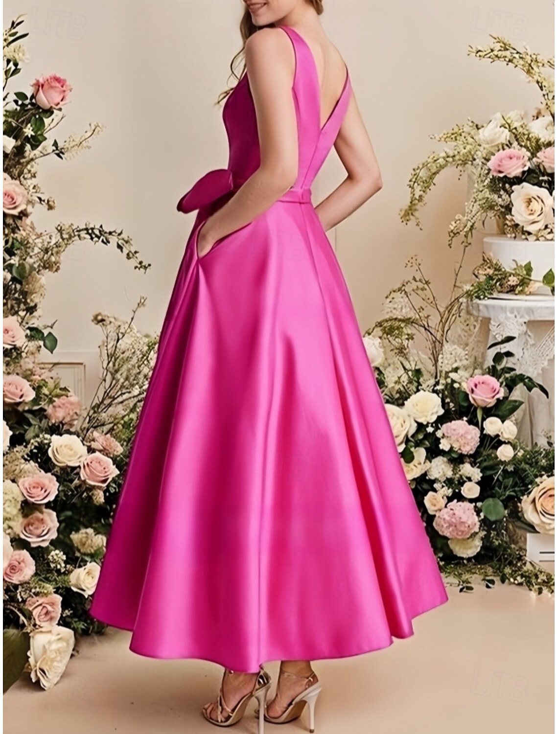 A-Line  V Neck Bridesmaid DressSleeveless Elegant Ankle Length Satin with Bow