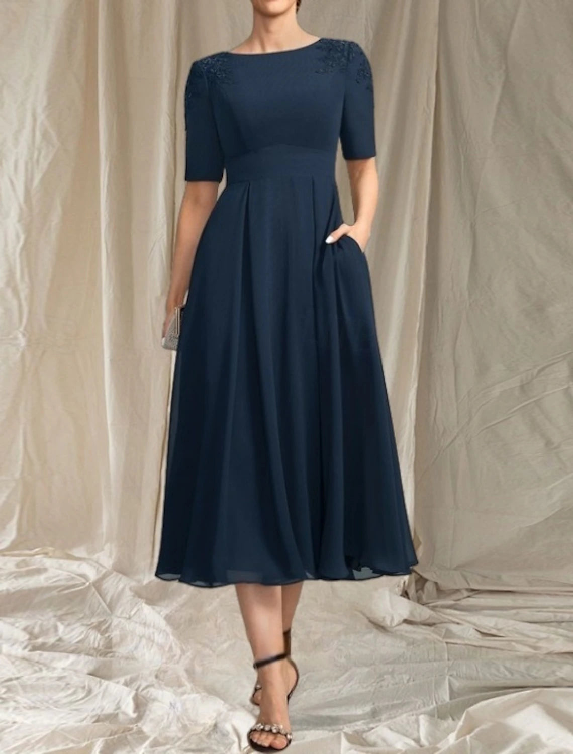 A-Line Mother of the Bride Dress Wedding Guest Elegant Crew Neck Tea Length Chiffon Short Sleeve with Beading Appliques Midi Dress